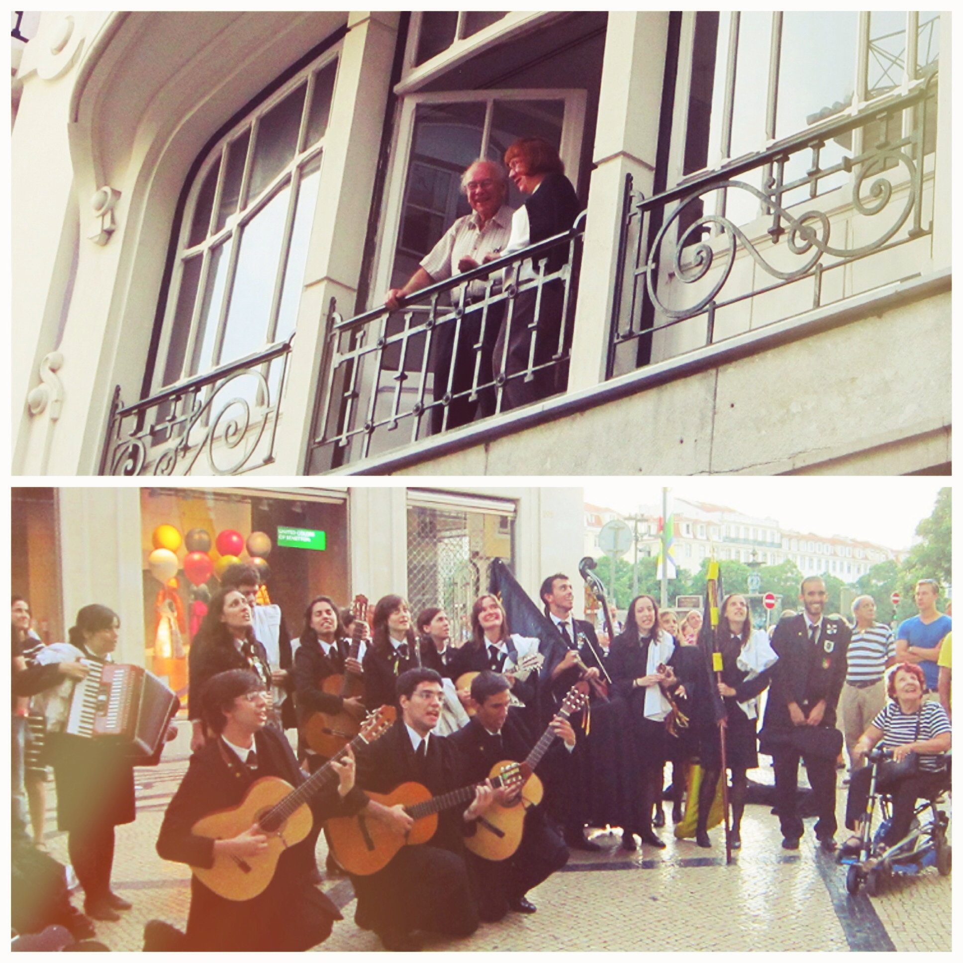 Lisbon Portugal student university musicians busking to an old couple