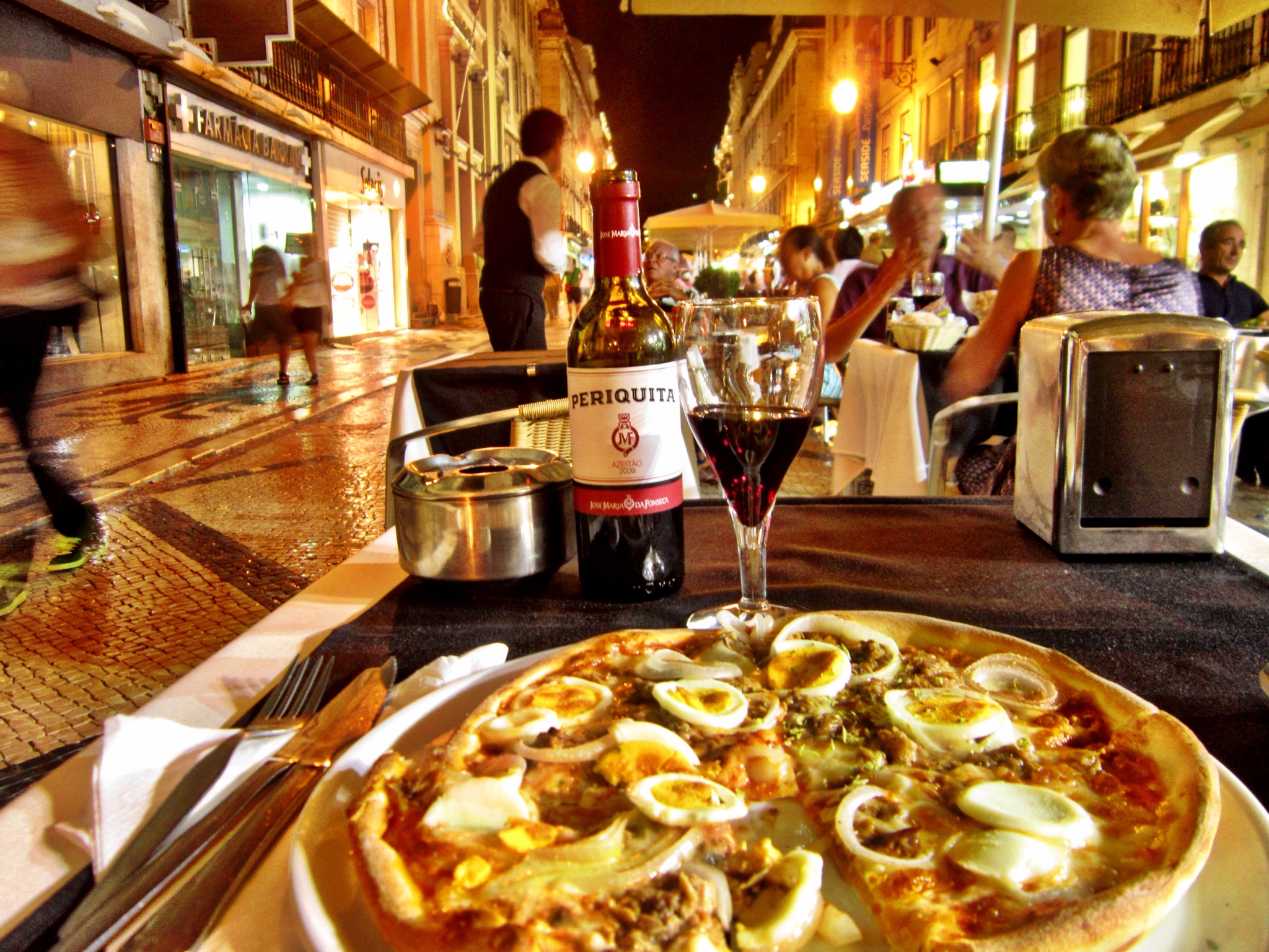 Lisbon Portugal dinner with pizza and red wine