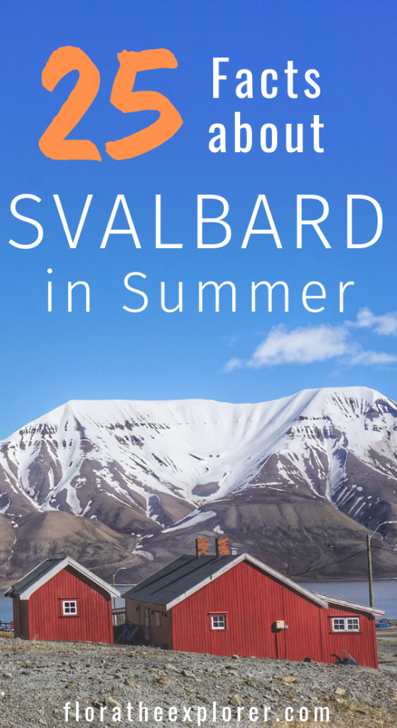Image of red cabins in front of snowy mountains. Text overlay says '25 awesome facts about Svalbard in summer'