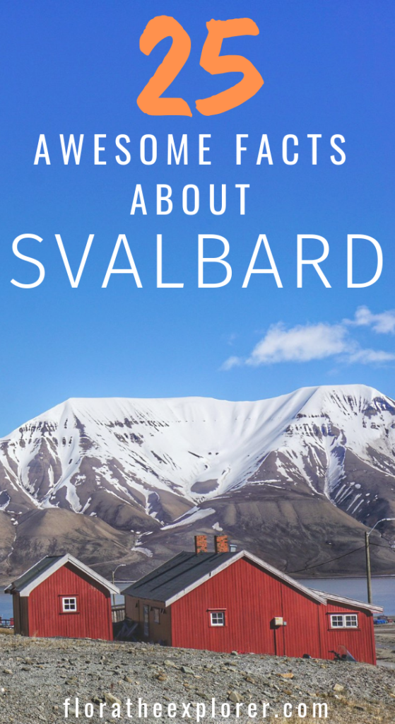 Image of red cabins in front of snowy mountains. Text overlay says '25 awesome facts about Svalbard'